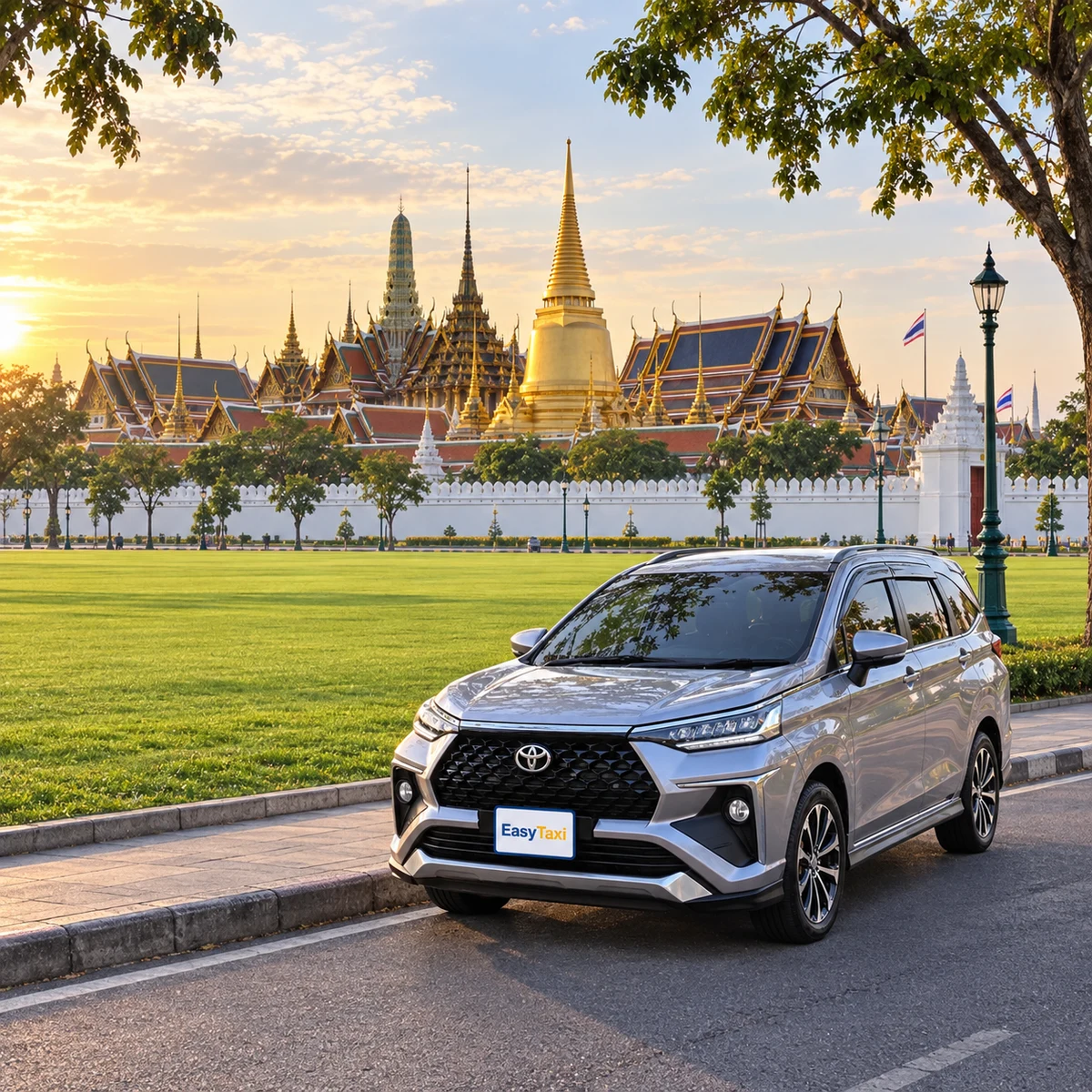 ワット・プラケオと王宮を望むバンコクのサナームルアンに停まるシルバーのEasyTaxiの車