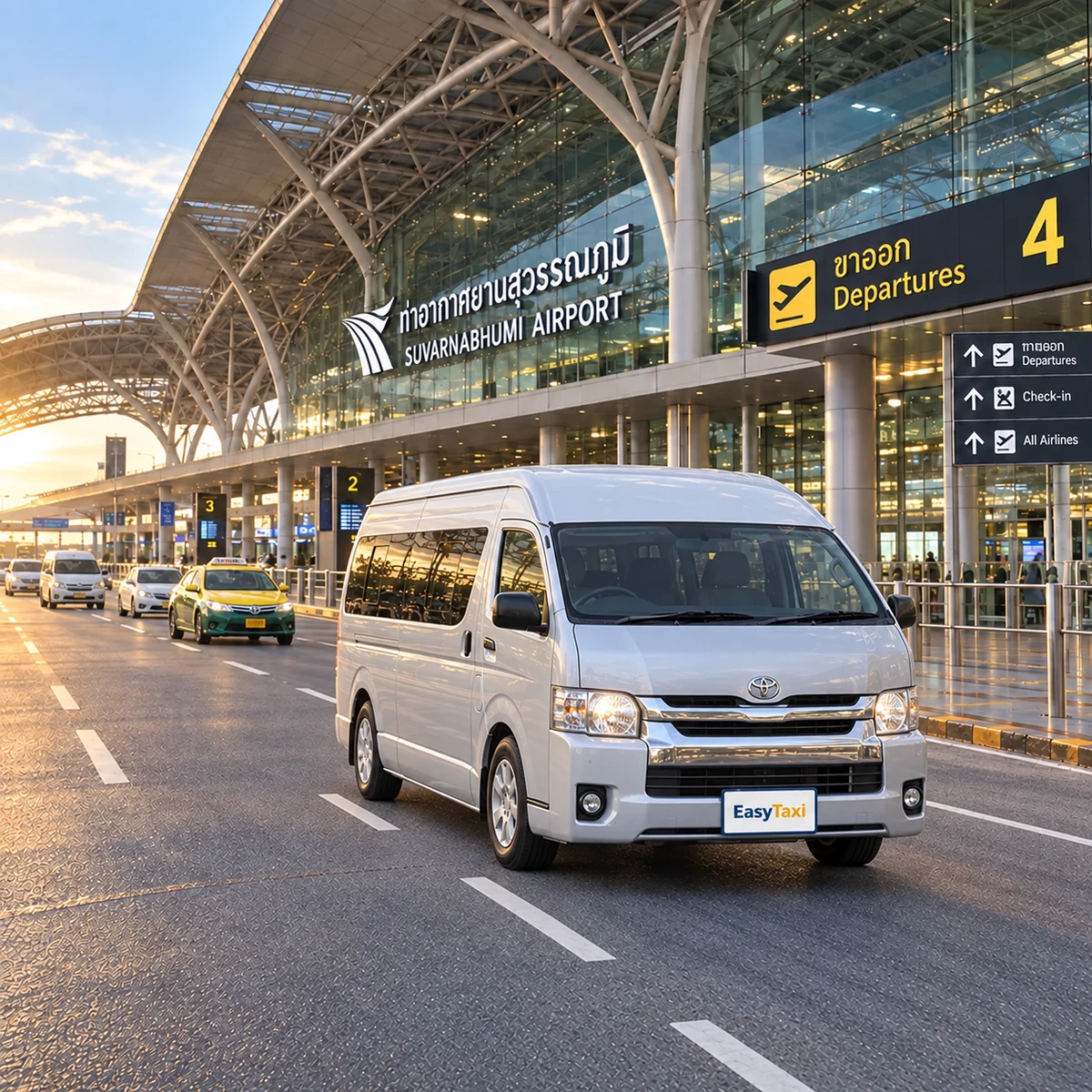 スワンナプーム空港の出発レーンを走るシルバーのEasyTaxiのバン
