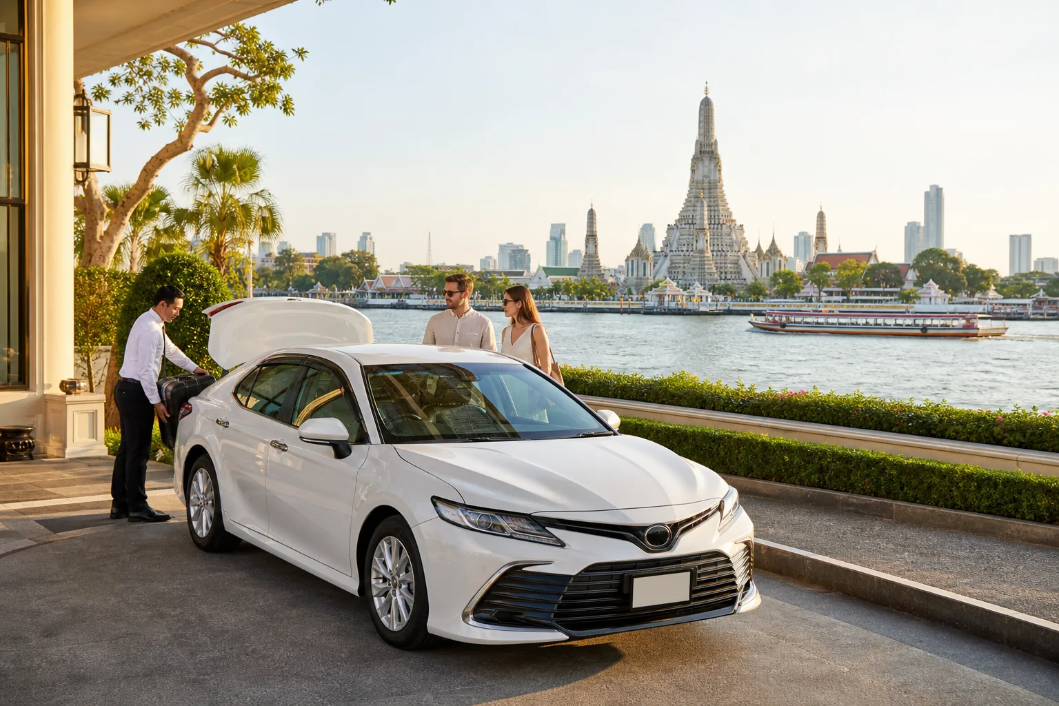 Private taxi pickup beside the Chao Phraya River in Bangkok