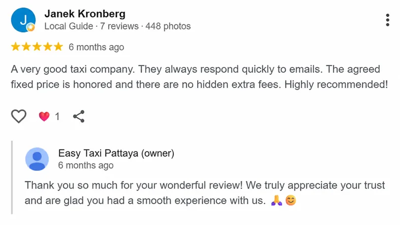 Google customer review 10 for Easy Taxi Pattaya