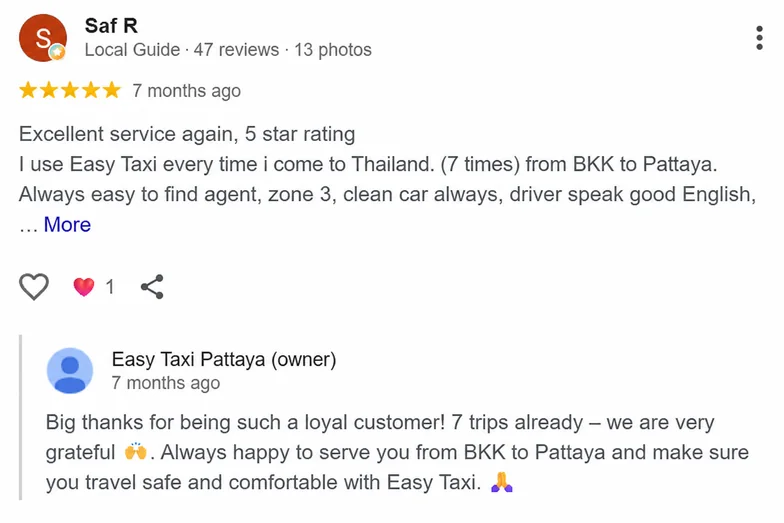 Google customer review 5 for Easy Taxi Pattaya